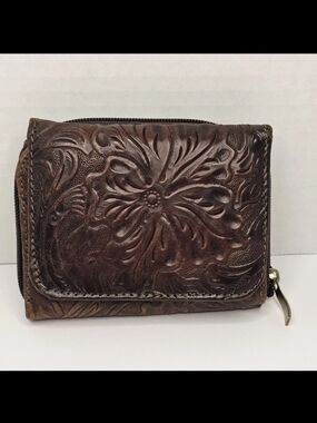 Vintage Tooled Leather Wallet Brown Floral Embossed Bifold Snap Zip Coin Western